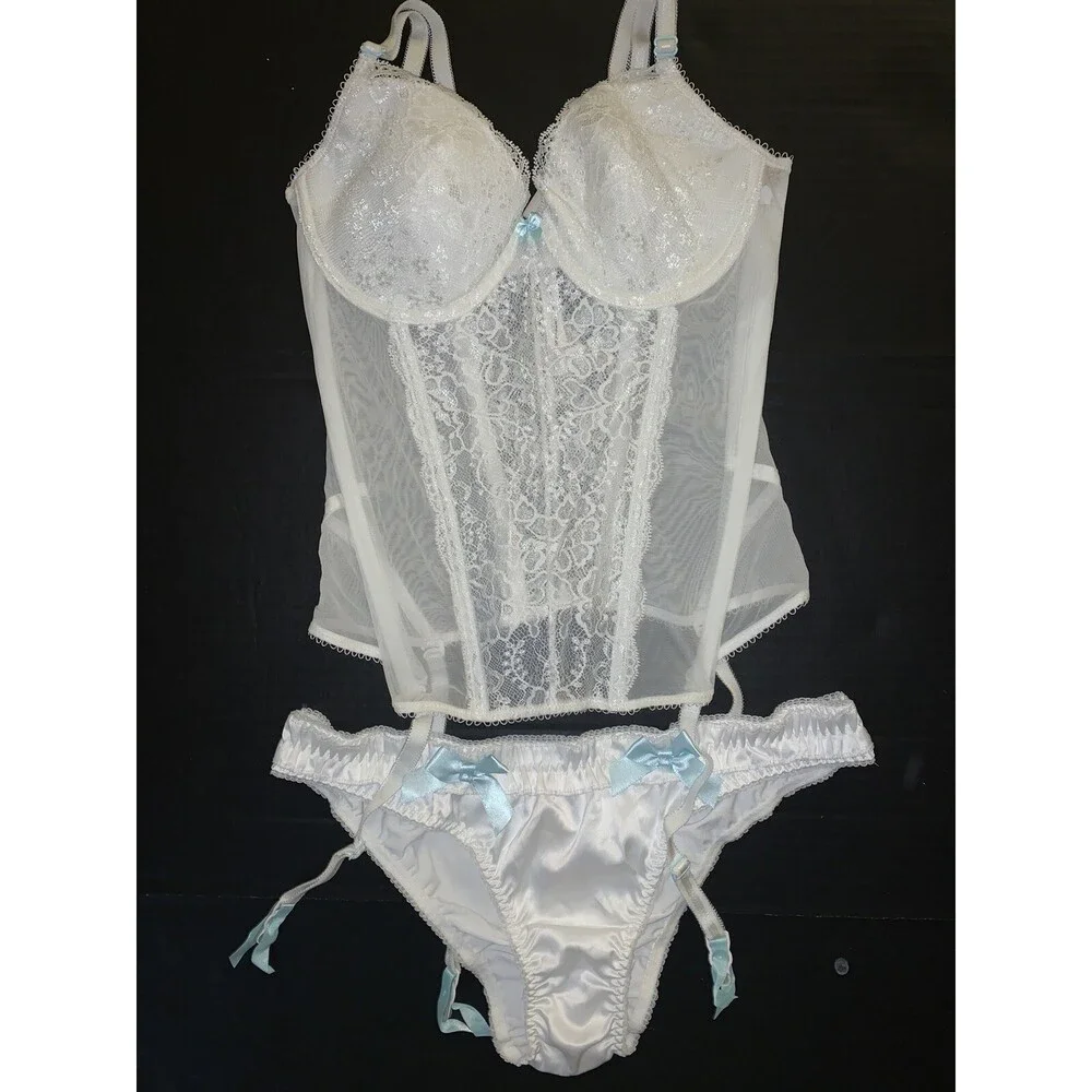 Victoria's Secret 34C,36D GARTER CORSET SLIP L panty white lace blue BRIDAL I DO